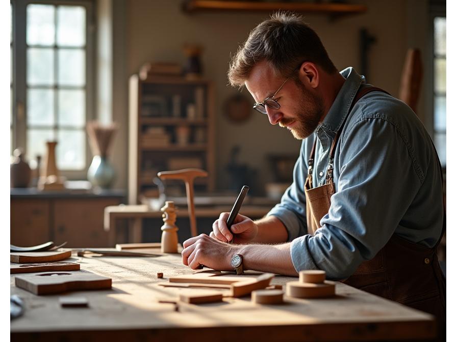 A master artisan meticulously working on a piece of bespoke furniture in a naturally lit workshop.