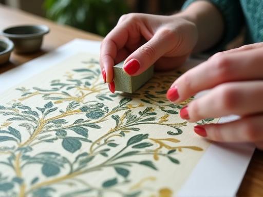 Close-up of hand-printed wallpaper design