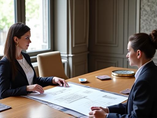 Interior designer presenting plans to a client in a luxurious setting